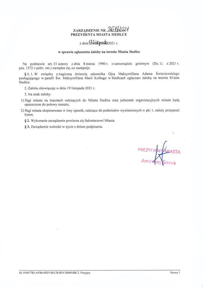 zarządzenie prezydenta Siedlec Andrzeja Sitnika w sprawie żałoby w mieście Siedlce 19 listopada
