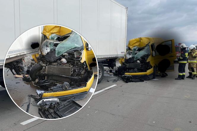 Bus firmy kurierskiej wbił się w ciężarówkę. Poważy wypadek i korki na A4 pod Wrocławiem