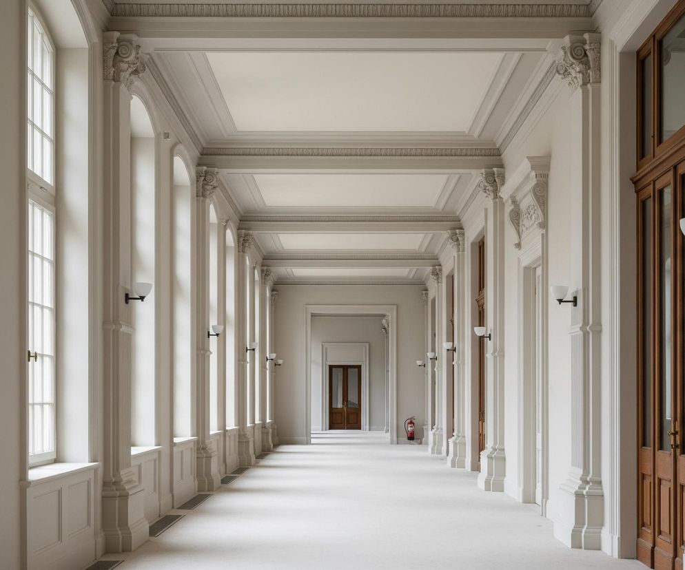Długi, przestronny korytarz rozciąga się w głąb obrazu, ukazując symetryczne architektoniczne detale w jasnej kolorystyce. Lewa ściana składa się z szeregu wysokich, przeszklonych okien z białymi ramami, podczas gdy po prawej stronie znajdują się rzędy ciemnobrązowych, drewnianych drzwi z przeszkleniami, oddzielonych białymi, ozdobnymi filarami i gzymsami. Cały korytarz, włącznie ze ścianami i sufitem, utrzymany jest w odcieniach bieli i jasnej szarości, z wyjątkiem wspomnianych drzwi, co nadaje wnętrzu elegancji i świetlistości. Na ścianach rozmieszczone są również białe kinkiety z kulistymi kloszami, a w oddali, pod jednym z filarów, widoczna jest czerwona gaśnica.