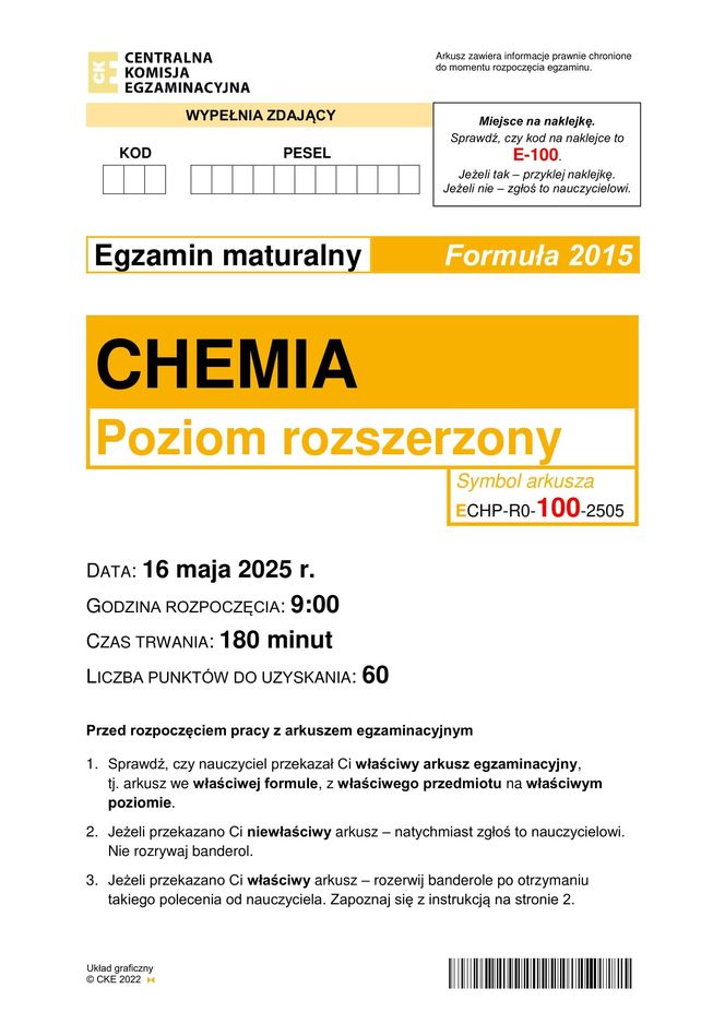 Matura 2025 chemia rozszerzona - arkusz CKE 16.05.2025 - Formuła 2015