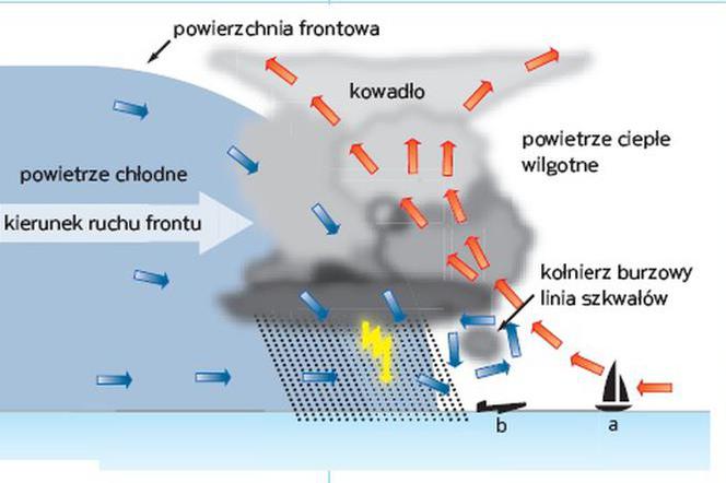 Cumulonimbus pojawiający się na froncie chłodnym. Ciepłe i wilgotne masy powietrza, unosząc się po powierzchni frontowej, tworzą rozbudowaną w górę chmurę o wysokości nawet 12 km.