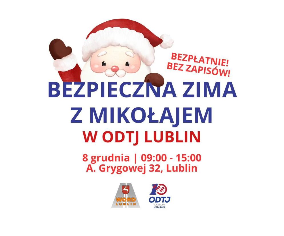 Plakat zapowiadający Bezpieczną Zimę z Mikołajem