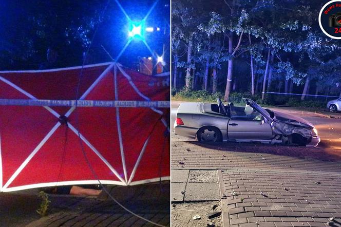 Potworny wypadek w Kobyłce. Kabriolet uderzył w słup. Dwóch mężczyzn zginęło, dwie osoby są poszukiwane