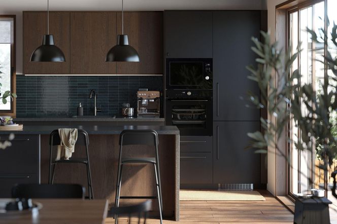 Modne fronty kuchenne. Kuchnia antracyt z drewnem