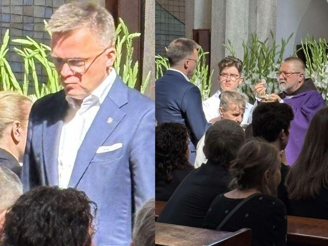 Szymon Hołownia przyjmuję komunię na pogrzebie Stanisława Sojki