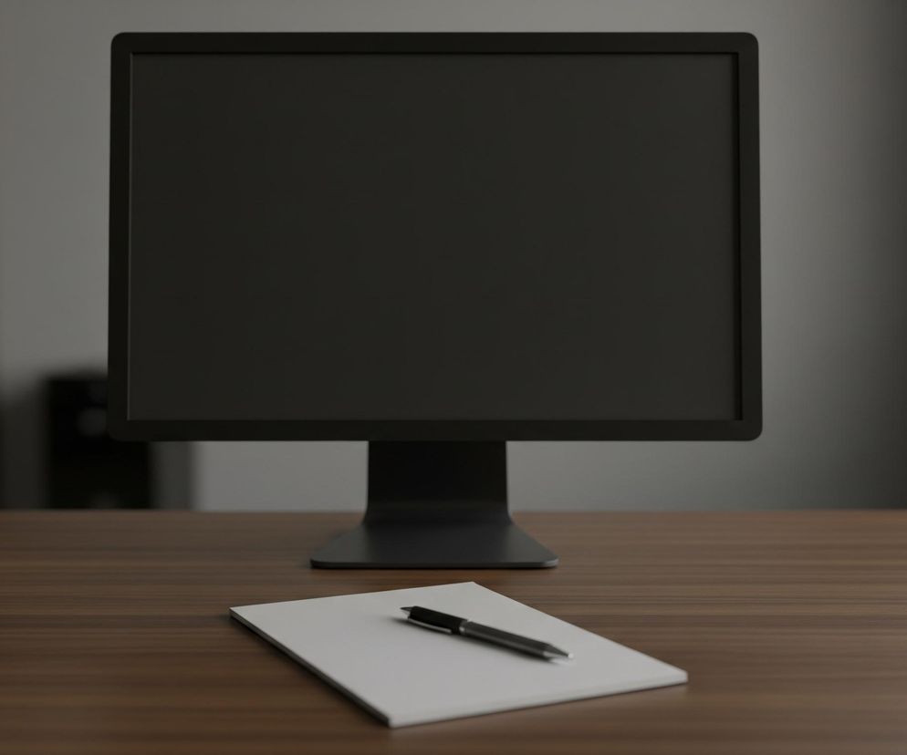 Czarny monitor o wyłączonym ekranie stoi na drewnianym biurku. Przed monitorem, na biurku, leży stos kilku białych kartek papieru, na których spoczywa czarny długopis z metalowym klipsem. Tło za monitorem jest w odcieniach szarości i brązu, z rozmyciem świadczącym o niewielkiej głębi ostrości.