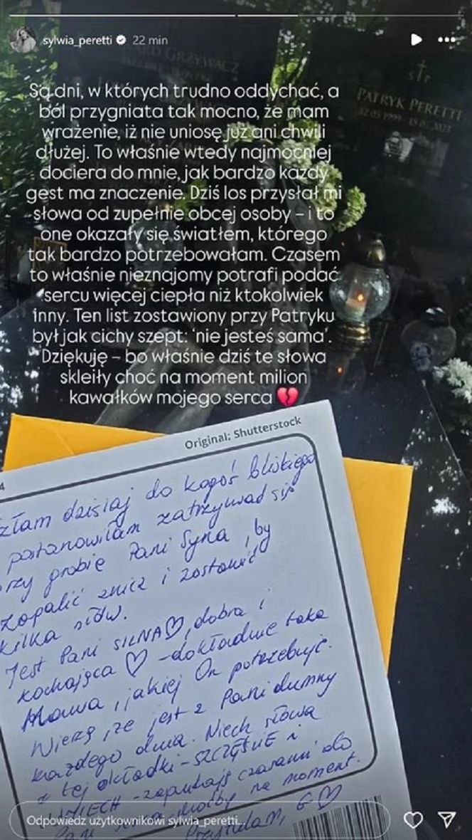 Sylwia Peretti pokazała list pozostawiony na grobie syna