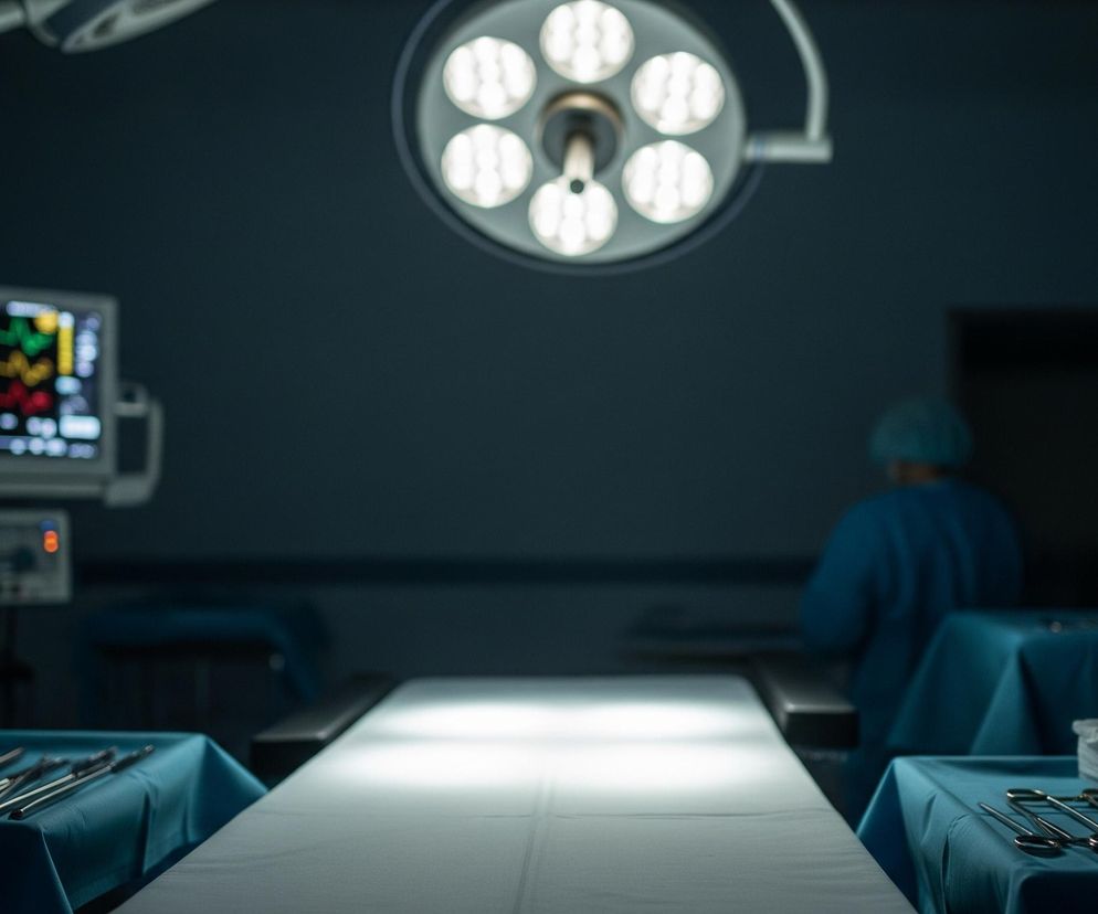 Centralnie umieszczona lampa operacyjna z sześcioma jaskrawymi światłami rzuca snop jasnego światła na pusty stół operacyjny przykryty białym prześcieradłem. Po lewej stronie stołu znajduje się stolik przykryty niebieskim materiałem, na którym ułożono szereg metalowych narzędzi chirurgicznych, a za nim widoczny jest monitor medyczny z kolorowymi wykresami. Po prawej stronie stołu operacyjnego stoi kolejny stolik z niebieskim pokryciem, na którym leżą stosy białych kompresów i inne narzędzia, a obok niego metalowy stojak z podwieszoną kroplówką. W tle, niewyraźna postać w niebieskim stroju chirurgicznym oraz czepku, oddala się od stołu.