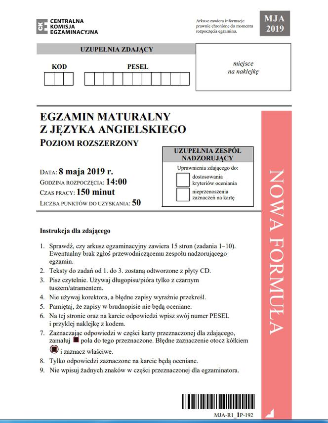 Matura 2019, język angielski poziom rozrzeszony