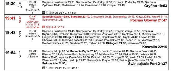 Rozkład jazdy dla stacji Szczecin Główny na zimę 2024/2025