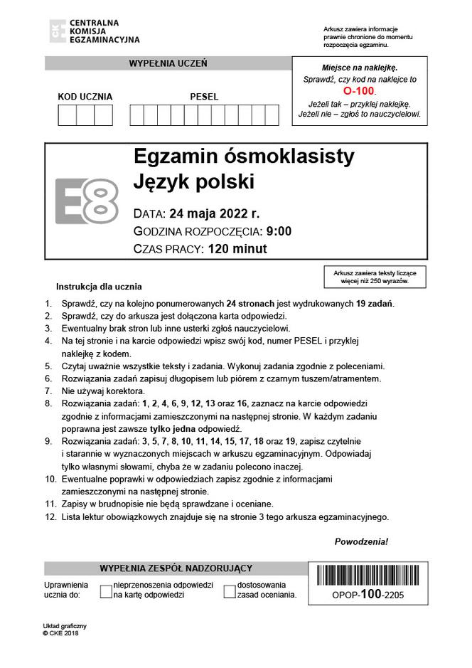 Egzamin ósmoklasisty 2022 - język polski arkusz