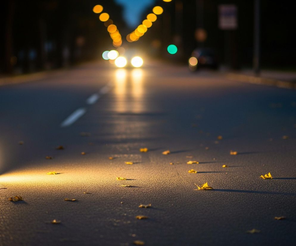 Na pierwszym planie, po lewej stronie drogi, leży świecący reflektor o kształcie prostopadłościanu, emitujący ciepłe, żółte światło, które rozjaśnia fragment asfaltu i opadłe liście. Droga pokryta jest drobnym żwirem lub chropowatą nawierzchnią, na której rozsypane są pojedyncze, suche liście w odcieniach żółci i brązu. W tle widać rozmazane światła samochodów i latarni ulicznych, tworzące jasne plamy na ciemnym tle, z centralnie położonymi światłami nadjeżdżającego samochodu oraz zielonym światłem sygnalizacji świetlnej po prawej stronie.