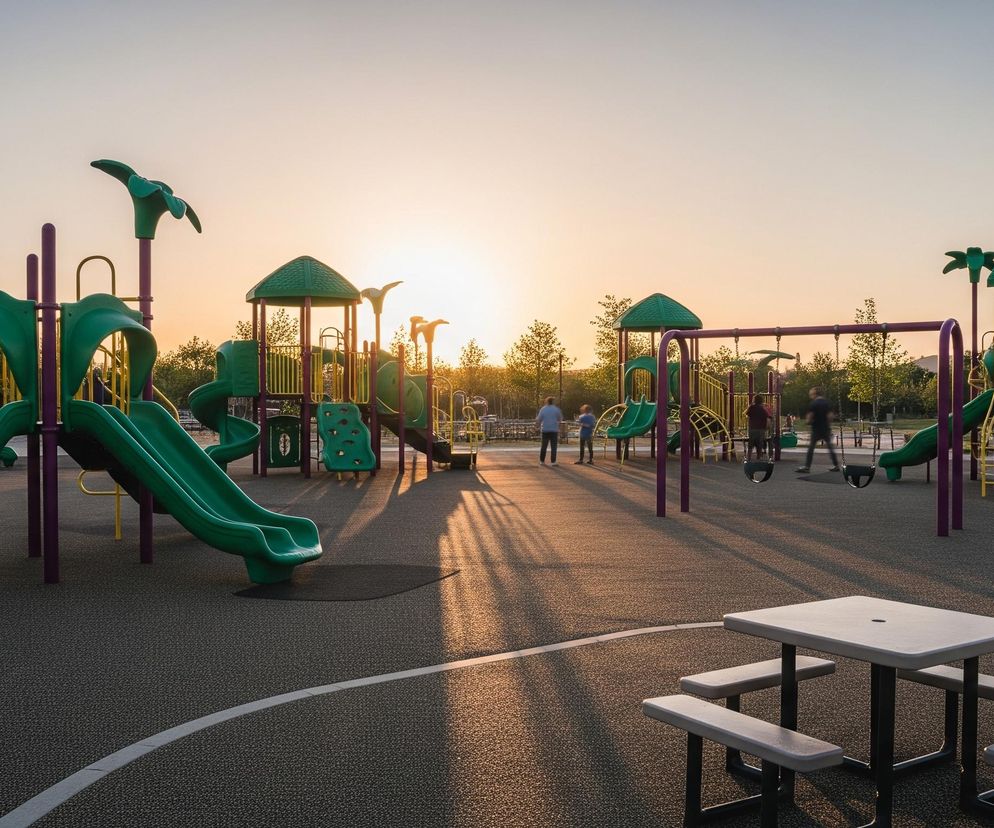 Plac zabaw o zachodzie słońca, z licznymi zielonymi zjeżdżalniami i konstrukcjami w kształcie palm, połączonymi żółtymi drabinkami i fioletowymi słupami. W centrum placu, w oddali, znajdują się sylwetki kilku osób, które rzucają długie cienie na ciemnoszary, gumowy podkład, częściowo oświetlony ciepłym, pomarańczowo-złotym światłem zachodzącego słońca. Na pierwszym planie, po prawej stronie, stoi beżowy stół piknikowy z ławkami, a w tle widać ciemne drzewa i jasne niebo przechodzące od błękitu do pomarańczu nad horyzontem.