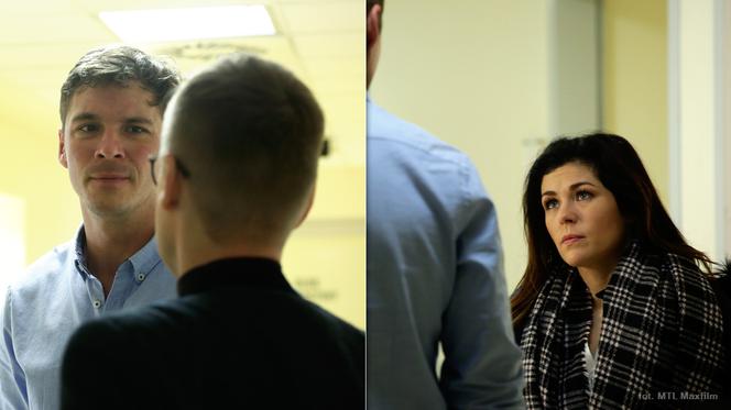 M jak miłość odc. 1365. Marcin Chodakowski (Mikołaj Roznerski), Kinga (Katarzyna Cichopek), Piotrek (Marcin Mroczek)