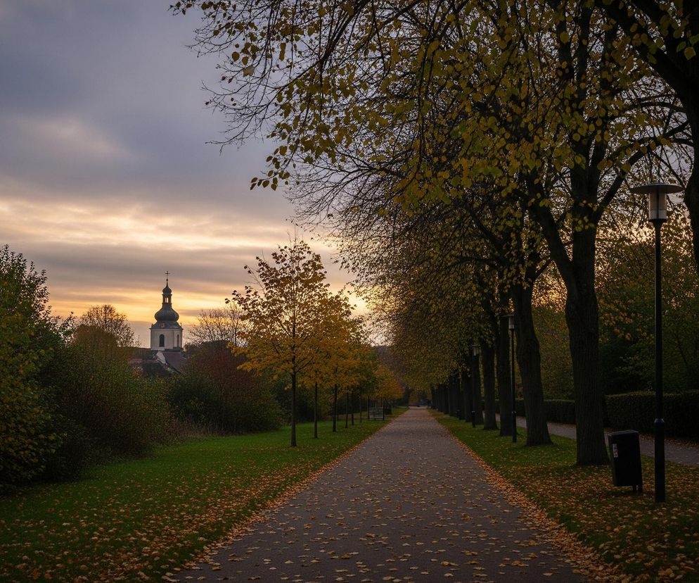 Długa, asfaltowa ścieżka, usiana brązowo-złotymi liśćmi, biegnie przez centrum kadru, oddalając się w kierunku horyzontu. Po obu stronach ścieżki rozciągają się trawniki pokryte identycznymi liśćmi, a dalej rosną rzędy drzew z jesiennym, żółtym listowiem, tworząc aleję. Po prawej stronie widać kilka latarni. W tle, na lewo od centrum, góruje budynek kościoła z ciemnym, spiczastym dachem i wieżą zakończoną krzyżem, podświetlony przez nisko położone słońce. Zachmurzone niebo w górnej części jest szare, przechodząc w ciepłe odcienie pomarańczu i różu bliżej horyzontu.