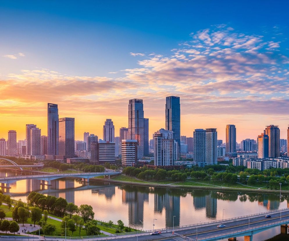Obszerne ujęcie przedstawia panoramę miasta o zachodzie słońca, z rzeką przecinającą pierwszy plan i licznymi wieżowcami w tle. Horyzont dominuje jaskrawe, pomarańczowo-żółte światło zachodzącego słońca, przechodzące w błękitne niebo z delikatnymi, rozproszonymi chmurami. Na rzece, która odbija kolory nieba i budynków, widoczne są trzy mosty; jeden z nich ma charakterystyczny, biały łuk. Brzegi rzeki porośnięte są zieloną roślinnością i drzewami, a wzdłuż niej biegną drogi i chodniki, po których poruszają się nieliczne pojazdy.
