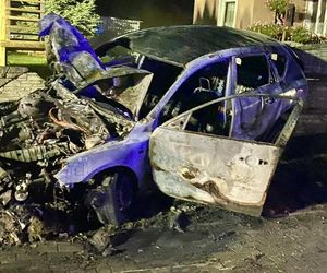 Lisewo Malborskie. Pożar auta po uderzeniu w słup energetyczny. Dwie osoby uratowali świadkowie.