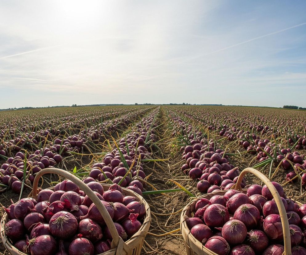 Duże pole uprawne rozciąga się w nieskończoność pod błękitnym niebem z pojedynczymi smugami chmur. Na pierwszym planie, w dolnej części obrazu, ustawione są dwa pełne kosze ciemnoczerwonych cebul, jeden wiklinowy, a drugi ciemnozielony z przeplatanymi pasami. Wokół koszy i w tle widać rzędy świeżo zebranych, fioletowych cebul leżących na ciemnej ziemi, z widocznymi resztkami zielonych łodyg.