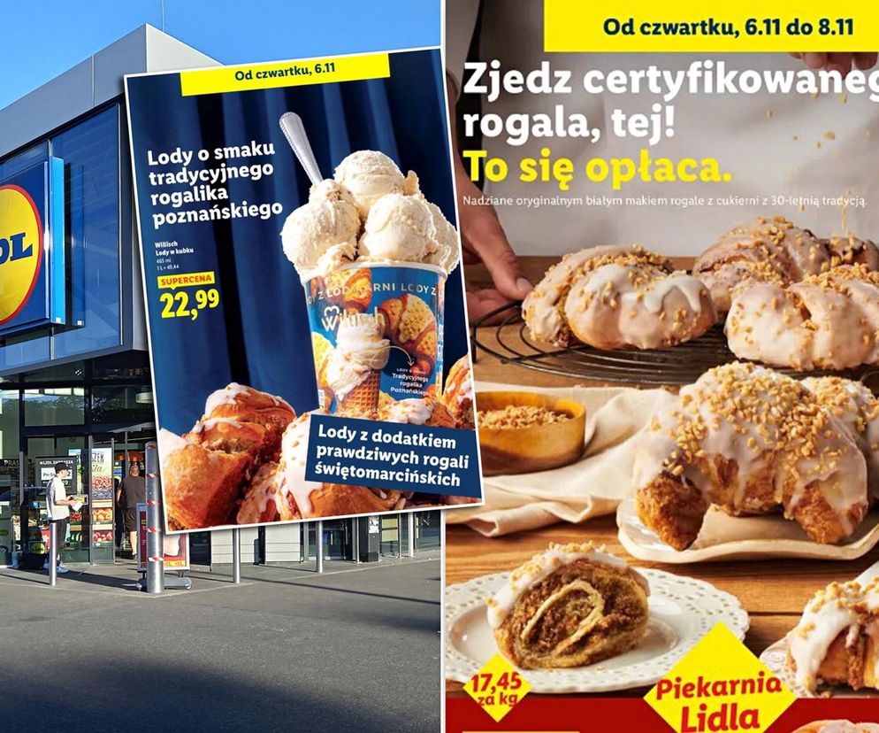 Budynek sklepu Lidl i reklamy promocji na rogale świętomarcińskie oraz lody o smaku rogala poznańskiego. Widoczne certyfikowane rogale z białym makiem i orzechami, dostępne w supercenie, o czym dowiesz się więcej na Super Biznes.