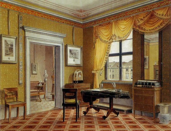 Gabinet w stylu biedermeier na XIX-w. akwareli. Prostota form mebli i elegancja kompozycji zdradzają wpływy klasycyzmu.