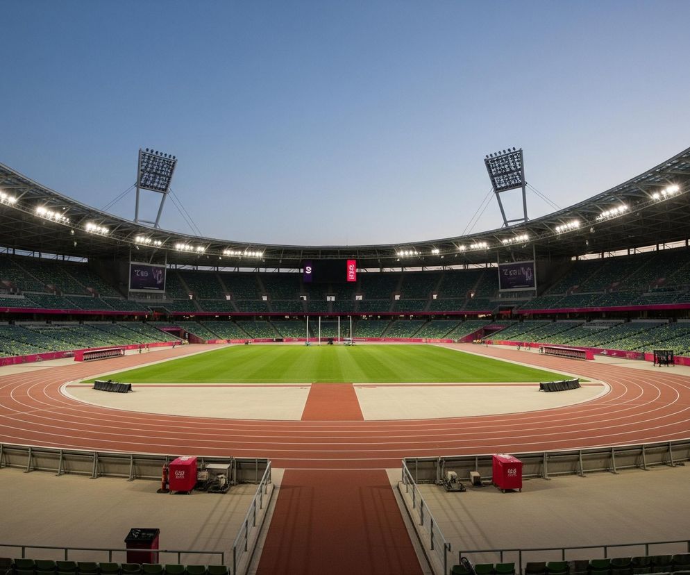 Ogólny widok na opustoszały stadion sportowy z bieżnią w kolorze ceglastym otaczającą zieloną trawę boiska. Jasne, białe reflektory umieszczone na górze widowni oświetlają całą przestrzeń, kontrastując z ciemniejącym, błękitnym niebem widocznym nad stadionem. Na trybunach znajdują się tysiące pustych, ciemnozielonych siedzeń, a w tle widać dwa duże ekrany LED, z których jeden wyświetla cyfrę 9.