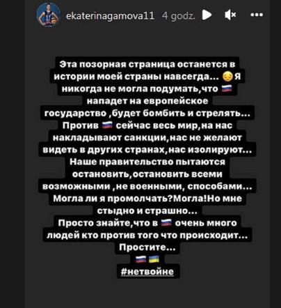 Wpis, Instagram, Jekaterina Gamowa, Ukraina, wojna, Rosja