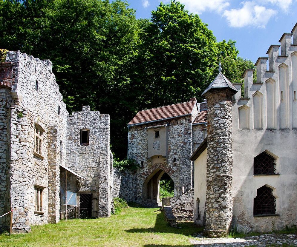 Pałac w Młoszowej w Małopolsce, otoczony zielonymi drzewami i błękitnym niebem, z widocznymi basztami o zróżnicowanej architekturze i fragmentami ceglanych murów. To przykład mistyfikacji historycznej, o której więcej przeczytasz na naszym portalu.