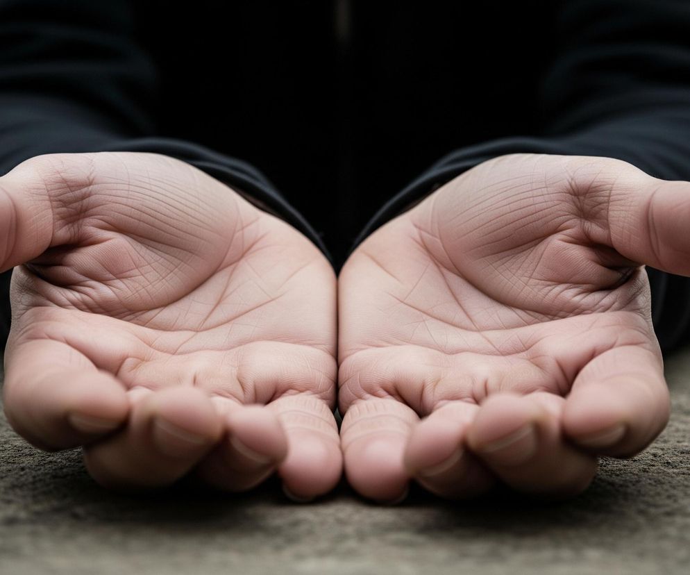 Dwie dłonie o jasnej karnacji są otwarte, ułożone obok siebie, wnętrzem do góry i lekko zgięte w kształt miseczki, skierowane ku obserwatorowi. Dłonie wyłaniają się zza ciemnych, czarnych rękawów. Lewa dłoń znajduje się nieznacznie bliżej, a prawa lekko w tle, tworząc delikatną perspektywę. Dolna część kadru, pod dłońmi, przedstawia szarą, lekko chropowatą powierzchnię, być może beton lub asfalt.