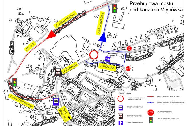 Mapa objazdów na Podwalu 