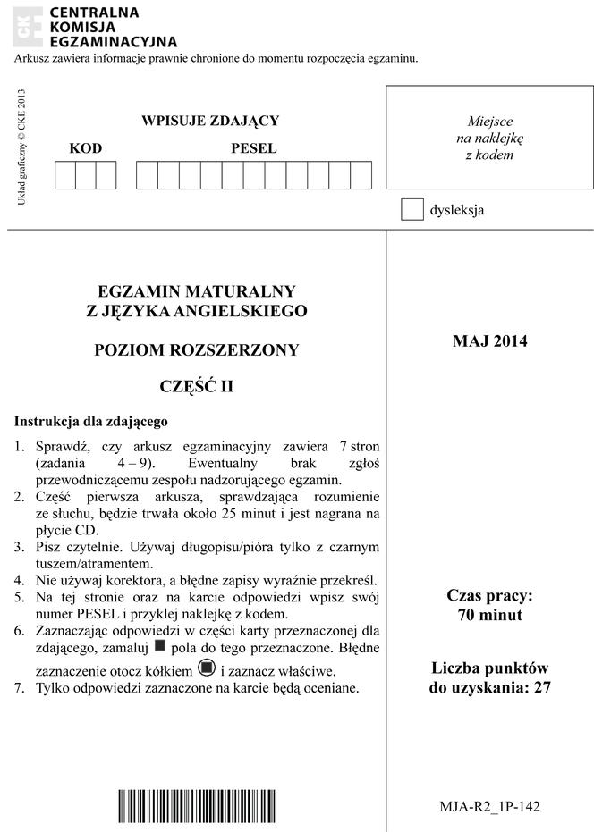 Matura 2014 język angielski ARKUSZE poziom rozszerzony cz. 2-1