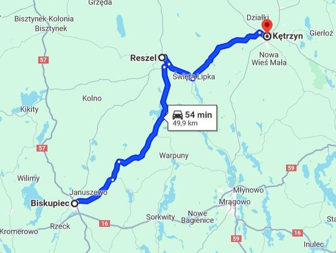 Biskupiec - Kętrzyn przez Reszel