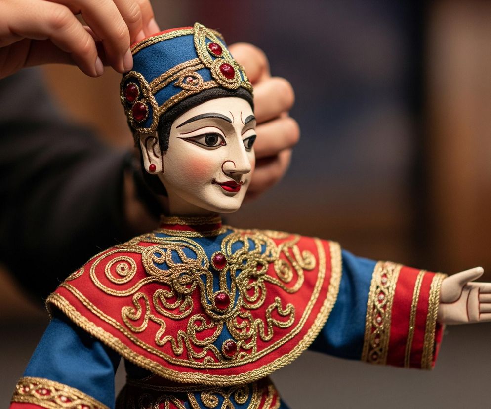 Drewniana marionetka, przedstawiająca postać o jasnej karnacji, stoi wyprostowana w centralnej części kadru. Ma na sobie bogato zdobiony kostium w kolorach niebieskim i czerwonym, z misternymi złotymi haftami i inkrustacjami z czerwonych klejnotów. Na głowie marionetka ma niebieskie nakrycie z czerwonymi ozdobami, które jest poprawiane przez dwie ludzkie dłonie widoczne w górnej części zdjęcia. Marionetka posiada wyraziste cechy twarzy, w tym czarne brwi, oczy z czarnymi źrenicami i czerwoną szminkę na ustach, a jej prawa dłoń jest lekko wyciągnięta do przodu. Tło jest rozmyte i ciemne, z brązowymi i szarymi odcieniami.