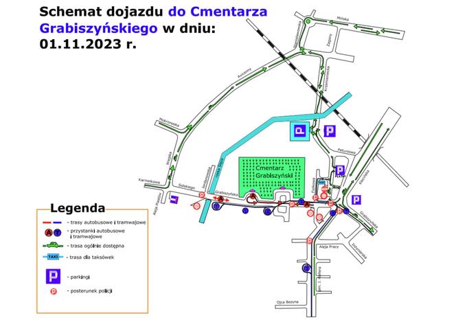 Schemat dojazdu do Cmentarza Grabiszyńskiego 1 listopada 2023 r. 