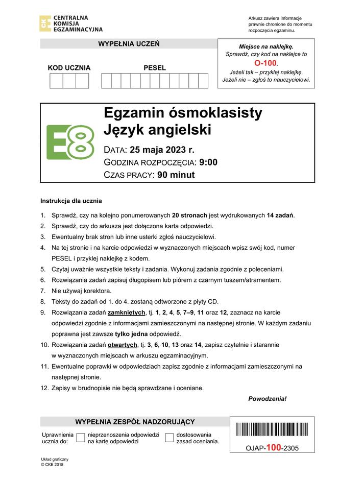 Egzamin ósmoklasisty 2023: JĘZYK ANGIELSKI. Odpowiedzi i arkusze CKE [25.05.2023]