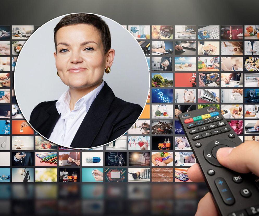 Portret kobiety w biznesowym stroju na tle ekranu z wieloma miniaturami.  Ilustracja odnosi się do artykułu na Super Biznes o końcu abonamentu RTV i zmianach w finansowaniu mediów publicznych.  Dowiedz się więcej na Super Biznes!