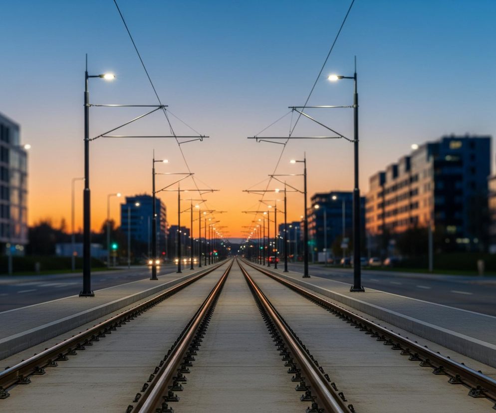 Centralnie biegną dwa tory tramwajowe na betonowej platformie, rozciągające się w dal i zbiegające się w punkcie zbieżności. Po obu stronach torów widoczne są asfaltowe drogi, a dalej szeregi nowoczesnych budynków z licznymi oknami, niektóre z nich odbijają pomarańczowo-żółte światło zachodzącego słońca. Niebo w tle przechodzi od ciemnoniebieskiego na górze do jasnopomarańczowego i żółtego nad horyzontem, sugerując zmierzch. Wzdłuż torów i dróg rozmieszczone są latarnie uliczne, emitujące jasne, białe światło, oraz słupy trakcyjne z podwieszonymi przewodami.
