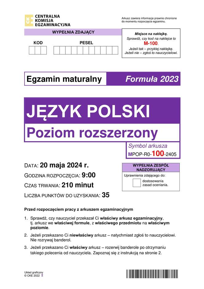 Matura 2024: język polski rozszerzony. ARKUSZ CKE NOWA FORMUŁA 2023