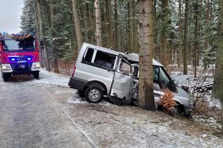 Potworny wypadek pod Krynicą-Zdrój! Nie żyje 32-latek ze Słowacji. Bus z 4 osobami rozbił się o drzewo [ZDJĘCIA]