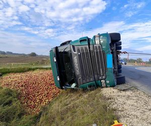 Przewrócona ciężarówka zablokowała rondo. 30 ton jabłek na drodze