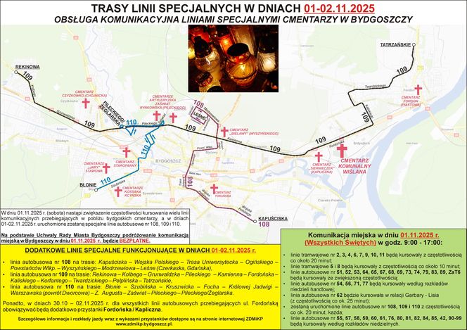 Wszystkich Świętych 2025 w Bydgoszczy. Darmowa komunikacja miejska i zmiany w organizacji ruchu przy cmentarzach