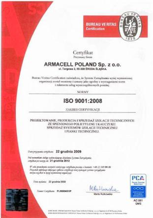 Certyfikat ISO 9001:2008 dla firmy Armacell