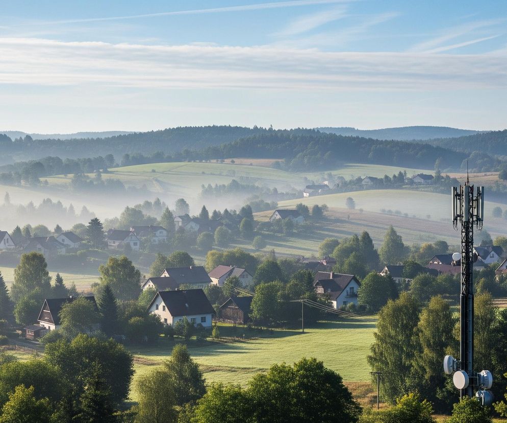 Wysoka, ciemnoszara wieża telekomunikacyjna z licznymi antenami i platformami dominuje po prawej stronie kadru, wznosząc się ponad zielone drzewa. Poniżej rozciąga się wiejski krajobraz z licznymi domami o ciemnych dachach i jasnych ścianach, rozłożonymi wśród bujnej zieleni drzew i pól. Doliny pokryte są poranną mgłą, która unosi się między wzgórzami, nadając im zamglony, pastelowy odcień, a w oddali majaczą zalesione pasma górskie pod jasnobłękitnym niebem z delikatnymi białymi smugami chmur.