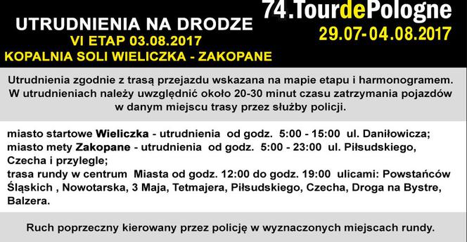 Utrudnienia drogowe podczas VI etapu Tour de Pologne 2017