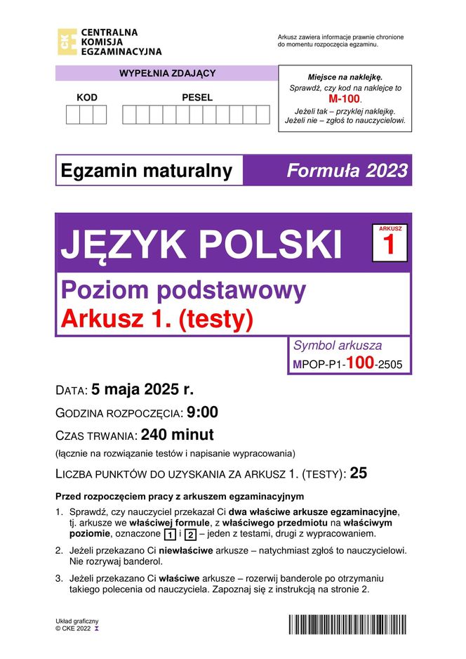 Matura 2025: polski. Arkusze CKE i odpowiedzi. Poziom podstawowy [Formuła 2023] 5.05.2025