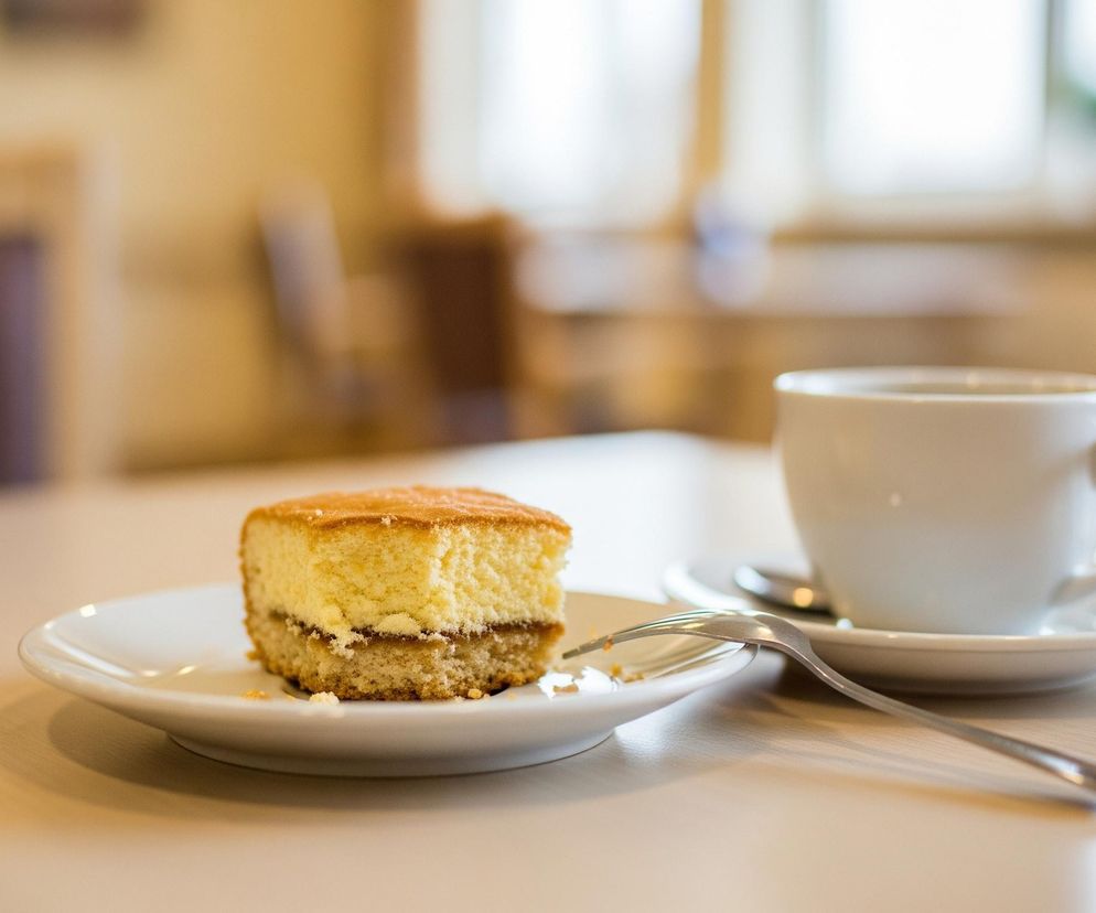 Na pierwszym planie, po lewej stronie, znajduje się kwadratowy kawałek ciasta biszkoptowego z kremową, jasną warstwą i cienką brązową warstwą na dole, leżący na białym, okrągłym talerzyku. Obok talerzyka spoczywa srebrny widelec. Po prawej stronie widoczna jest biała filiżanka z uchwytem, stojąca na białym spodku, zawierająca ciemny napój. Całość ustawiona jest na jasnym, drewnianym stole, a tło jest rozmyte, ukazując niewyraźne kształty mebli i okna.