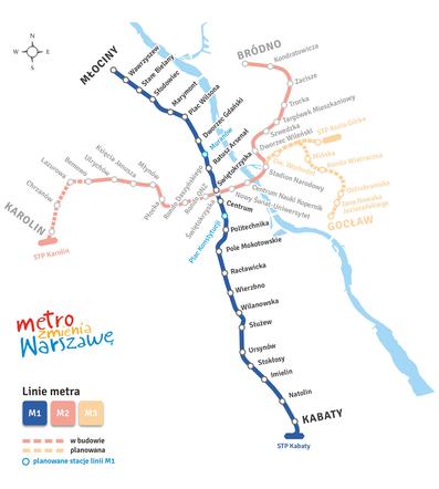 Mapa 1. linii metra z brakującymi stacjami