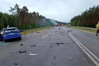 Śmiertelny wypadek pod Bełchatowem. Kierowca osobówki nie żyje, ciężarówka spłonęła [ZDJĘCIA].