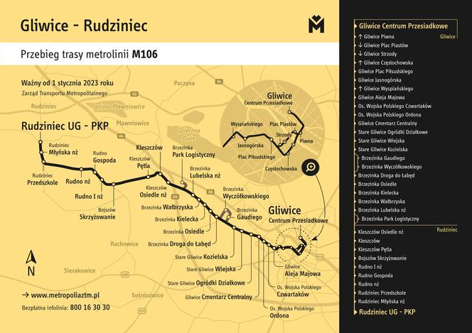 Mapa trasy linii M106 między Gliwicami a gminą Rudziniec