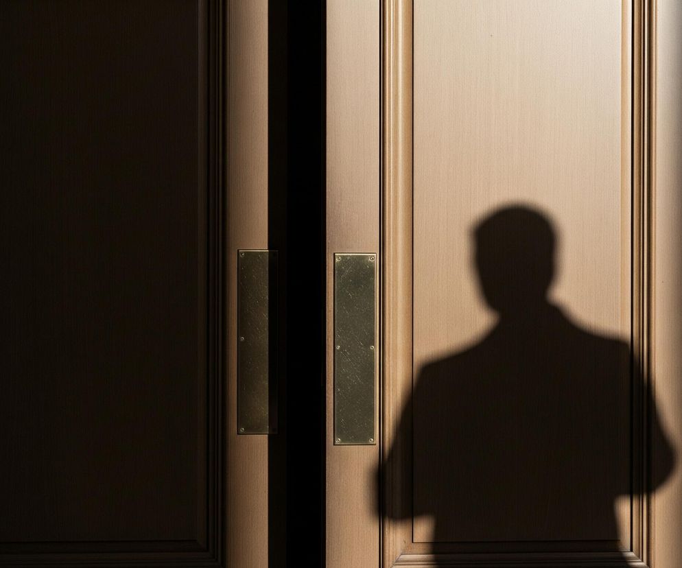 Główne obiekty to podwójne drzwi w kolorze jasnego drewna, oświetlone promieniami światła padającymi z góry pod kątem. Na prawym skrzydle drzwi widoczny jest wyraźny, ciemny cień postaci ludzkiej w marynarce, skierowanej w prawo, z dłońmi splecionymi na wysokości tułowia. Na obu skrzydłach drzwi, symetrycznie, znajdują się pionowe, prostokątne, metalowe płytki w kolorze starego złota, przymocowane za pomocą czterech nitów każda. Lewa część obrazu jest częściowo zacieniona, a po lewej stronie kadru widoczny jest fragment jasnoszarej ściany lub futryny.