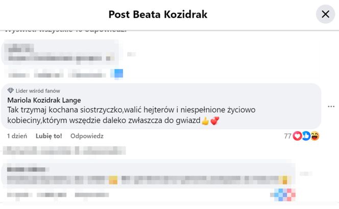 Siostra Beaty kozidrak skomentowała jej wpis na Facebooku